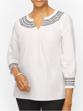 Talbots White Embroidered Split-Neck Women's Top